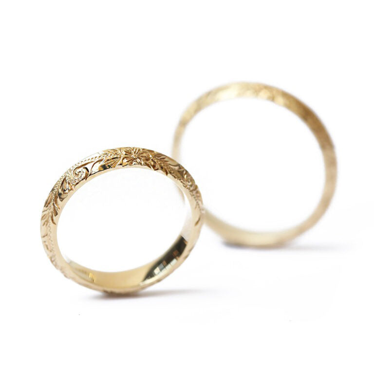 ハワイアンジュエリー【K14 ブリリアントソード】4mm幅 2mm厚 オーダーペアリング全面彫り/ハワイアンジュエリーブランドPUAALLY(プアアリ)/ハワイアンリング
