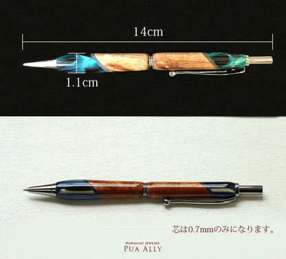 ハワイアン コアウッド シャープペンシルのディテール画像と替え芯についての説明画像/ハワイアンジュエリーブランドPUAALLY(プアアリ)
