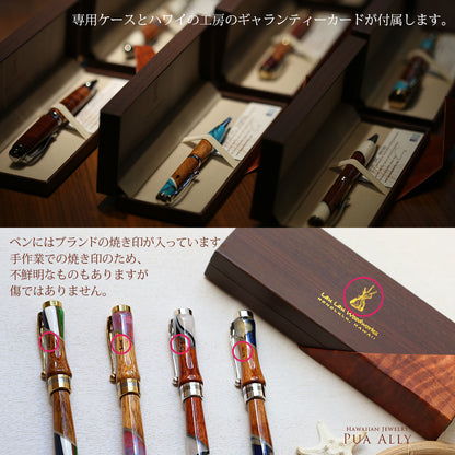 ブランドの焼印及び専用ケースとギャランティ付属の説明画像/ハワイアンジュエリーブランドPUAALLY(プアアリ)
