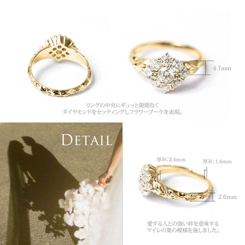 ハワイアンジュエリーエンゲージリングブーケ0.3ctイエローゴールド18金のディティール