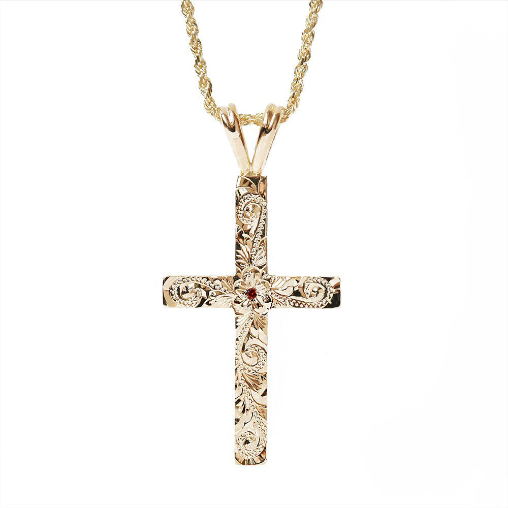 ◇誕生石ジュエリー◇K14 ハワイアン クロス ペンダントトップ Ｌ 表題 ガーネット