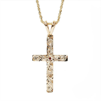 ◇誕生石ジュエリー◇K14 ハワイアン クロス ペンダントトップ Ｌ 表題 ガーネット