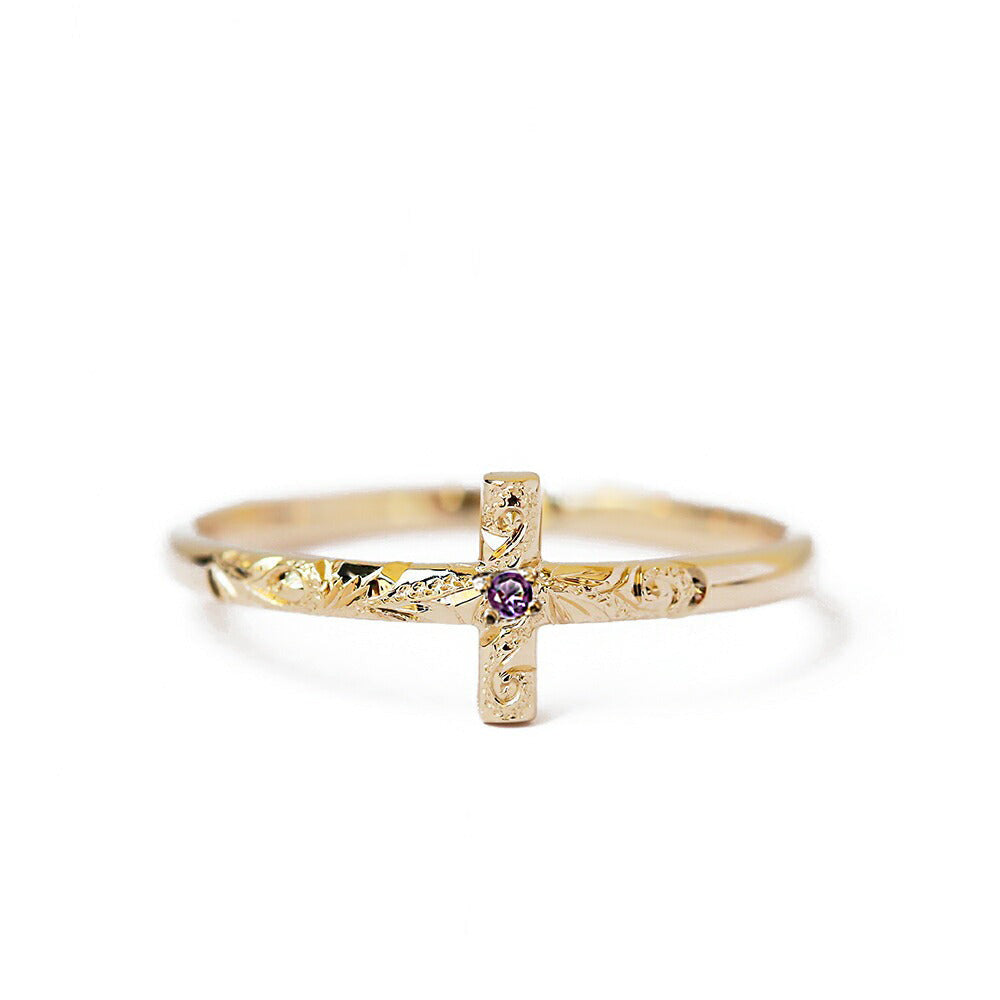 ◇誕生石ジュエリー◇K14 ハワイアン クロス リング 表題 アメシスト/ハワイアンリング/ハワイアンジュエリーリング/ハワイアンジュエリーブランドPUAALLY(プアアリ)