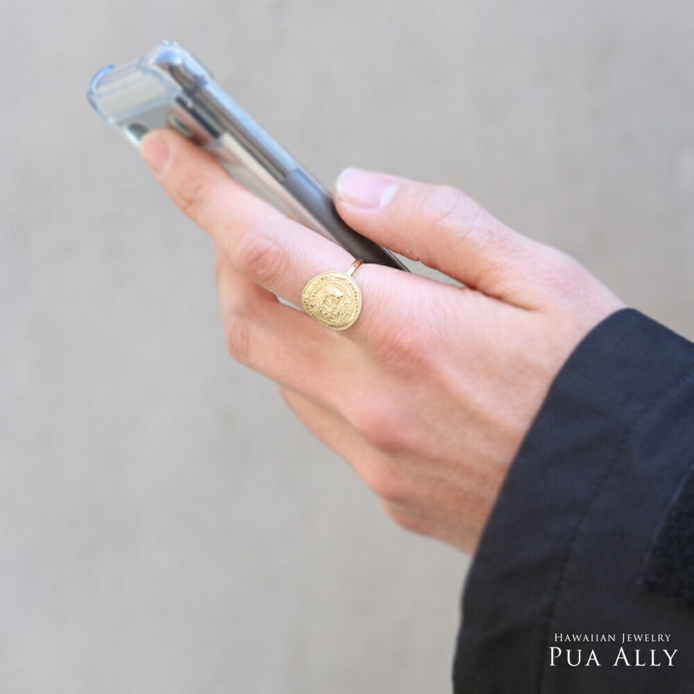 K14ロイヤルエンブレムコインリング着用3/ハワイアンリング/ハワイアンジュエリーリング/ハワイアンジュエリーブランドPUAALLY(プアアリ)