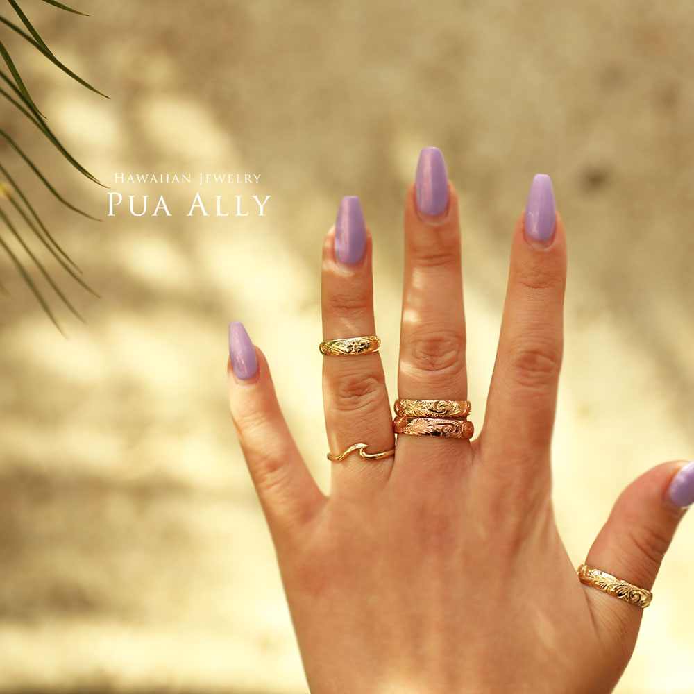 K14 ハワイアン サンライズトゥーリング Sサイズ女性着用画像3/ハワイアンリング/ハワイアンジュエリーリング/ハワイアンジュエリーブランドPUAALLY(プアアリ)